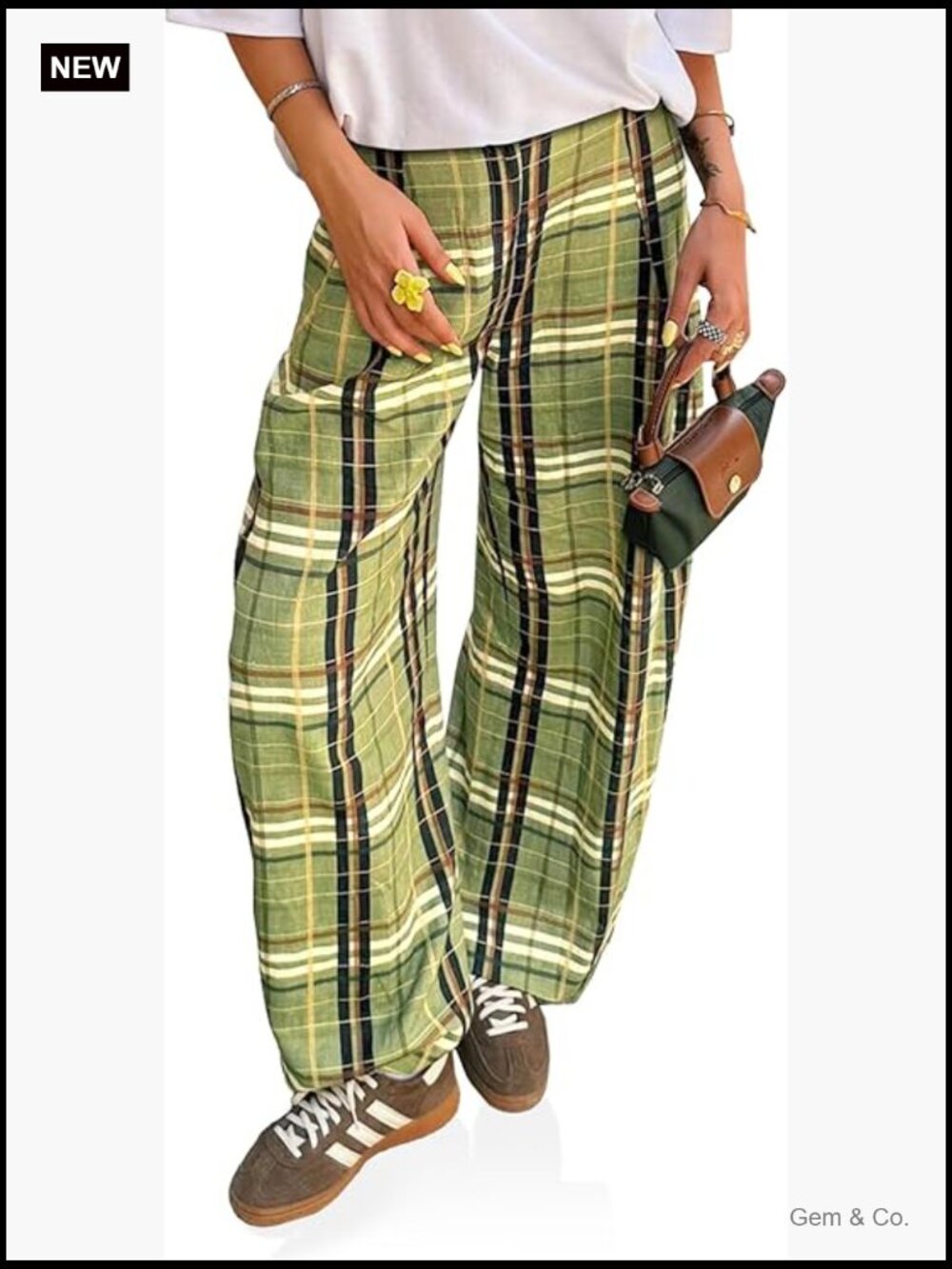 Wide Leg Palazzo Pants High Waisted Elastic Waist Plaid Checkered Trousers